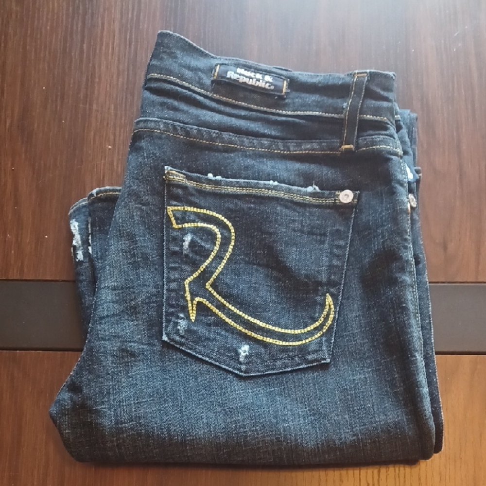 Rock & Republic Blue Jeans with Gold Stitching and Distressed Look
